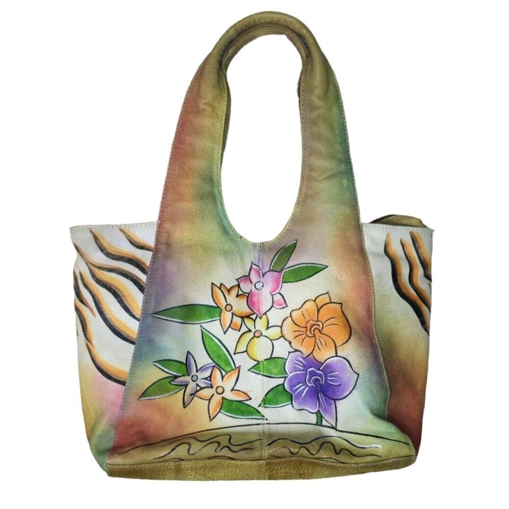 Vintage Great American Leather Works Hand Painted Floral Zebra Leather Tote Bag